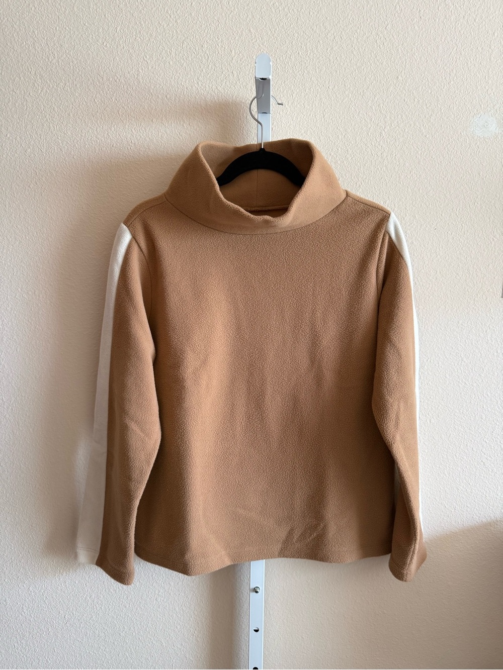 Dudley Stephens Tan Cowl Neck Sweater with Cream Sleeve Stripe